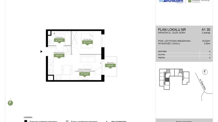 Rzut - Mieszkanie na sprzedaż 2 pokoje o powierzchni 33,52 m² - numer A1 30 w Zakątek Telimeny