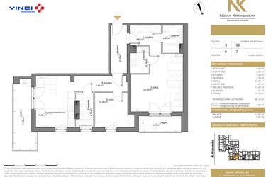 Rzut - Mieszkanie na sprzedaż 3 pokoje o powierzchni 89,39 m² - numer A.3.32 w Nowa Krakowska