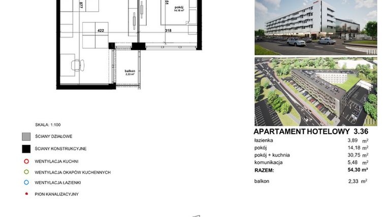 Rzut - Mieszkanie na sprzedaż 2 pokoje o powierzchni 54,12 m² - numer 3.36 w Apartamentowiec Zwycięska 3 - inwestycyjne
