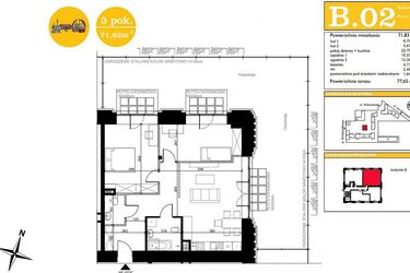 Rzut - Mieszkanie na sprzedaż 3 pokoje o powierzchni 71,83 m² - numer B.2 w ART MODERN etap III - Modern Loft