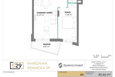 Rzut - Mieszkanie na sprzedaż 2 pokoje o powierzchni 42,66 m² - numer 44 w Siennicka 29