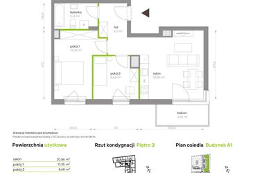 Rzut - Mieszkanie na sprzedaż 3 pokoje o powierzchni 53,84 m² - numer A1.3B62 w Bemowo Vita