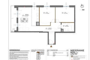 Rzut - Mieszkanie na sprzedaż 3 pokoje o powierzchni 73,9 m² - numer 3.24 w Czerwieńskiego 3