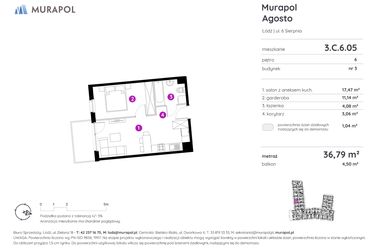 Rzut - Mieszkanie na sprzedaż 1 pokój o powierzchni 36,79 m² - numer 3.C.6.05 w Murapol Agosto