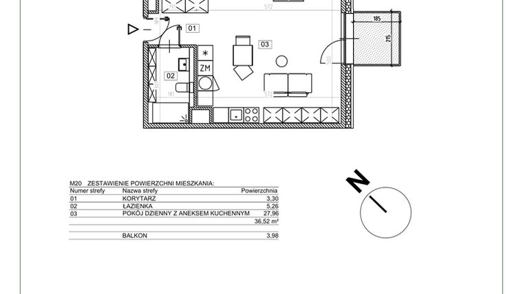 Rzut - Mieszkanie na sprzedaż 1 pokój o powierzchni 36,52 m² - numer J.M20 w Osiedle Glivia Zachodnia