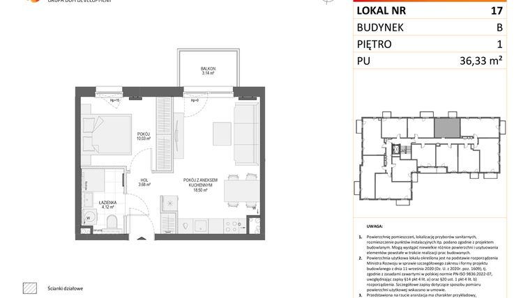 Rzut - Mieszkanie na sprzedaż 2 pokoje o powierzchni 36,33 m² - numer B17 w Osiedle Orzechowa