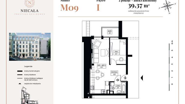 Rzut - Mieszkanie na sprzedaż 2 pokoje o powierzchni 39,37 m² - numer 9 w Niecała Prestige Residence