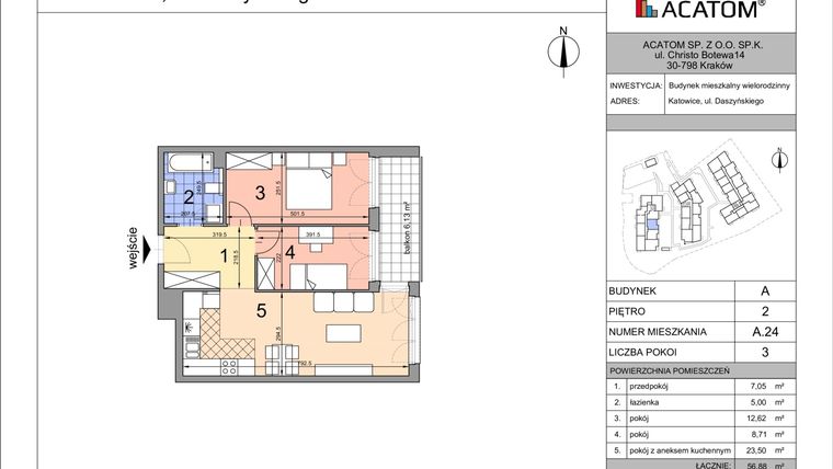 Rzut - Mieszkanie na sprzedaż 3 pokoje o powierzchni 56,76 m² - numer A24 w Daszyńskiego Park