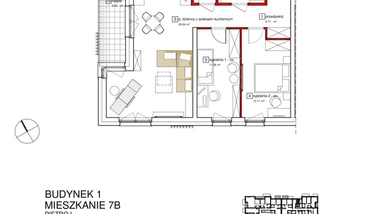 Rzut - Mieszkanie na sprzedaż 3 pokoje o powierzchni 71,49 m² - numer B1.B.1.007 w Apartamenty Karolinki