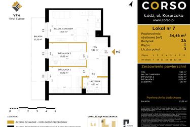 Rzut - Mieszkanie na sprzedaż 3 pokoje o powierzchni 54,46 m² - numer 2A.7 w Corso etap 2