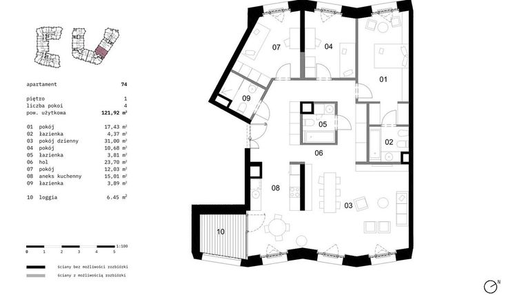 Rzut - Mieszkanie na sprzedaż 4 pokoje o powierzchni 121,92 m² - numer 74 w Solna 6