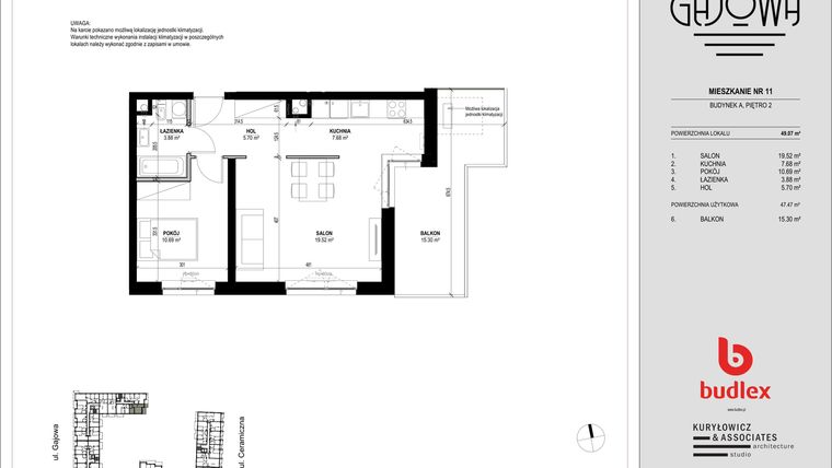 Rzut - Mieszkanie na sprzedaż 2 pokoje o powierzchni 49,07 m² - numer 11 w Gajowa bud. A
