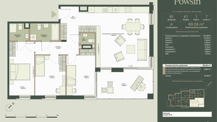 Rzut - Mieszkanie na sprzedaż 4 pokoje o powierzchni 89,08 m² - numer B1/7 w Onelife Powsin