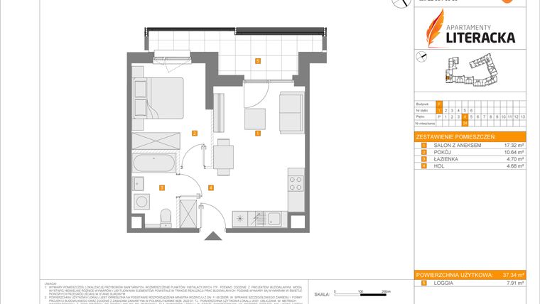 Rzut - Mieszkanie na sprzedaż 2 pokoje o powierzchni 37,34 m² - numer F.24 w Apartamenty Literacka etap 2.3