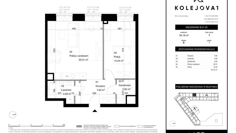 Rzut - Mieszkanie na sprzedaż 2 pokoje o powierzchni 54,16 m² - numer B-01-05 w Kolejova 1