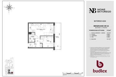 Rzut - Mieszkanie na sprzedaż 2 pokoje o powierzchni 37,22 m² - numer A22 w Nowe Batorego 2
