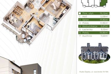 Rzut - Mieszkanie na sprzedaż 3 pokoje o powierzchni 74,66 m² - numer 19.M4 w Osiedle Leśny Zakątek