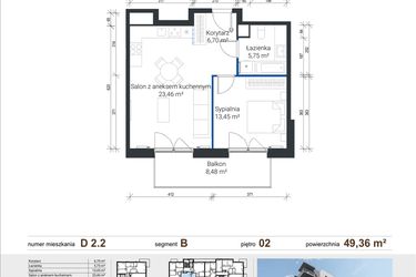 Rzut - Mieszkanie na sprzedaż 2 pokoje o powierzchni 49,36 m² - numer D 2.2 w Nowe Zabłocie