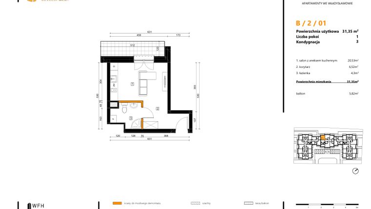 Rzut - Mieszkanie na sprzedaż 1 pokój o powierzchni 31,35 m² - numer B.2.01 w SPOT