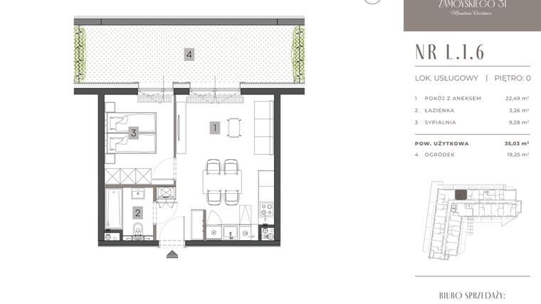 Rzut - Mieszkanie na sprzedaż 2 pokoje o powierzchni 35,03 m² - numer L.1.6 w Zamoyskiego 31