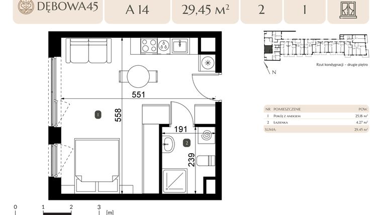 Rzut - Mieszkanie na sprzedaż 1 pokój o powierzchni 29,45 m² - numer A.14 w Dębowa 45