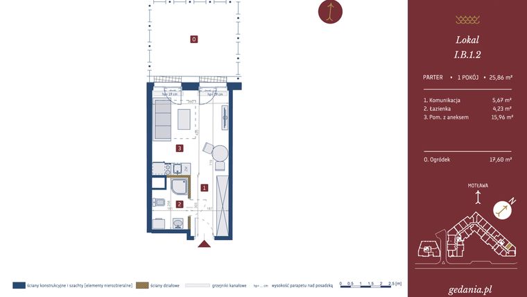 Rzut - Mieszkanie na sprzedaż 1 pokój o powierzchni 25,86 m² - numer I.B.1.2 w GEDANIA Riverside Living - apartamenty inwestycyjne