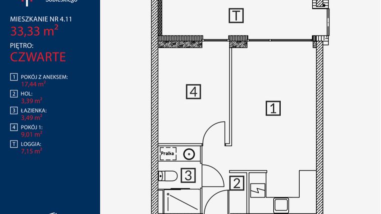 Rzut - Mieszkanie na sprzedaż 2 pokoje o powierzchni 33,33 m² - numer B2.M.4.11 w Tarasy Sobieskiego
