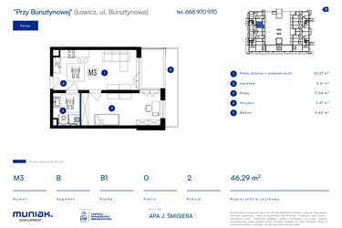 Rzut - Mieszkanie na sprzedaż 2 pokoje o powierzchni 46,29 m² - numer 3B w Przy Bursztynowej