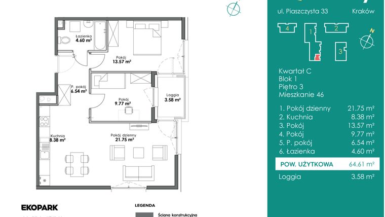 Rzut - Mieszkanie na sprzedaż 3 pokoje o powierzchni 64,61 m² - numer C1-46 w Slow City