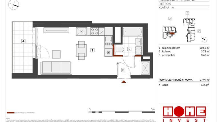 Rzut - Mieszkanie na sprzedaż 1 pokój o powierzchni 27,97 m² - numer B2-A041 w Warszawski Świt etap IX