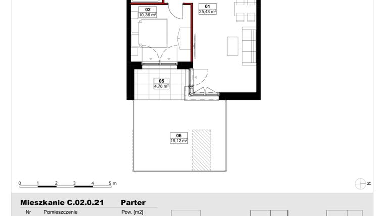 Rzut - Mieszkanie na sprzedaż 2 pokoje o powierzchni 45,39 m² - numer C02.0.21 w Skwer Witosa