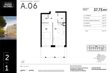 Rzut - Mieszkanie na sprzedaż 2 pokoje o powierzchni 37,73 m² - numer A.06 w Browar HUGO SCOBEL