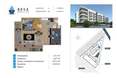 Rzut - Mieszkanie na sprzedaż 2 pokoje o powierzchni 43,48 m² - numer A22 w Nova Baltica Mieszkania Kołobrzeg