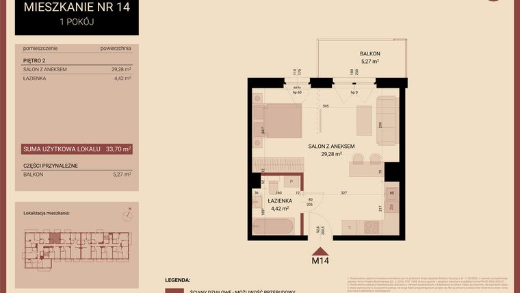 Rzut - Mieszkanie na sprzedaż 1 pokój o powierzchni 33,7 m² - numer 02.MB14 w Artepolis