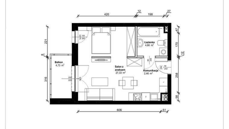Rzut - Mieszkanie na sprzedaż 1 pokój o powierzchni 34,45 m² - numer B.1.20.1a w ATRIUM