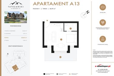 Rzut - Mieszkanie na sprzedaż 1 pokój o powierzchni 28,9 m² - numer A13 w Tatrzański Resort