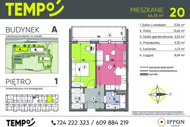 Rzut - Mieszkanie na sprzedaż 2 pokoje o powierzchni 44,15 m² - numer A20 w Osiedle TEMPO