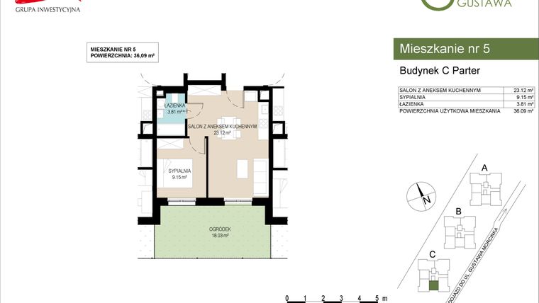 Rzut - Mieszkanie na sprzedaż 2 pokoje o powierzchni 36,09 m² - numer C5 w Wzgórze Gustawa