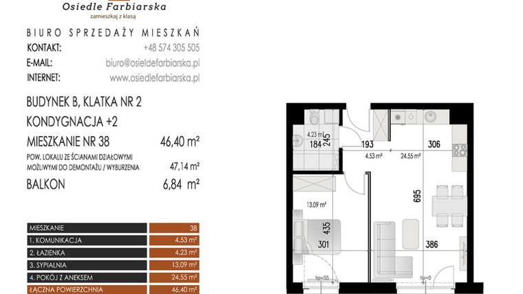 Rzut - Mieszkanie na sprzedaż 2 pokoje o powierzchni 46,4 m² - numer 38B w Osiedle Farbiarska II