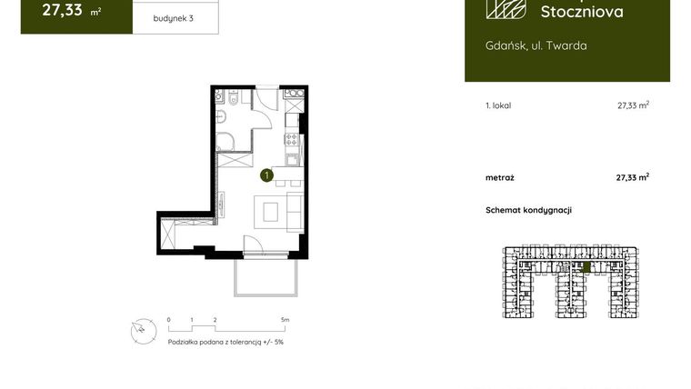 Rzut - Mieszkanie na sprzedaż 1 pokój o powierzchni 27,33 m² - numer 3.C.1.09 w Murapol Stoczniova