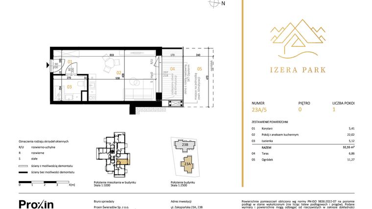 Rzut - Mieszkanie na sprzedaż 1 pokój o powierzchni 32,55 m² - numer 23A/5 w Izera Park