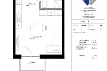 Rzut - Mieszkanie na sprzedaż 1 pokój o powierzchni 28,68 m² - numer 10D/39 w Jasielska 8C etap II
