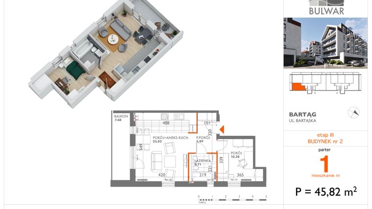 Rzut - Mieszkanie na sprzedaż 2 pokoje o powierzchni 45,82 m² - numer 1 w Bulwar bud. 2