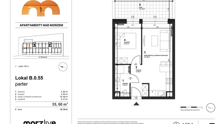 Rzut - Mieszkanie na sprzedaż 2 pokoje o powierzchni 35,6 m² - numer B.0.55 w Morzlive