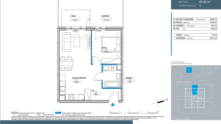 Rzut - Mieszkanie na sprzedaż 2 pokoje o powierzchni 45,5 m² - numer M1.06 w Nordic Bemowo - etap III