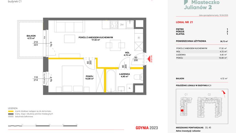 Rzut - Mieszkanie na sprzedaż 2 pokoje o powierzchni 36,73 m² - numer 21 w Miasteczko Julianów etap 2
