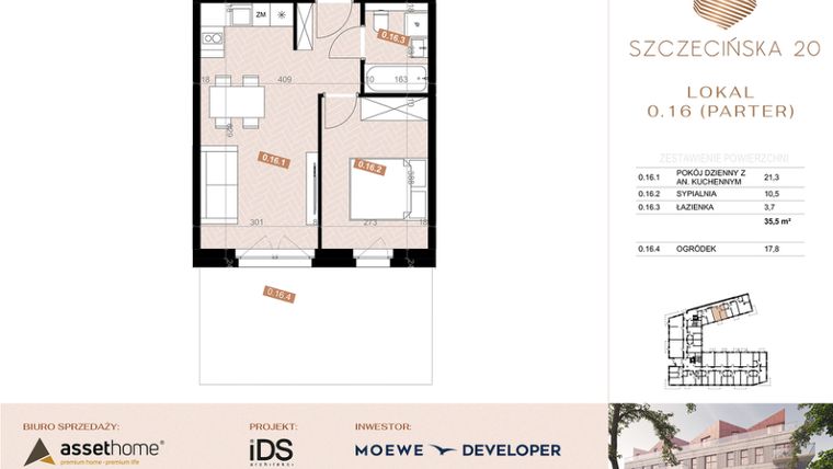 Rzut - Mieszkanie na sprzedaż 2 pokoje o powierzchni 35,3 m² - numer 16 w Szczecińska 20