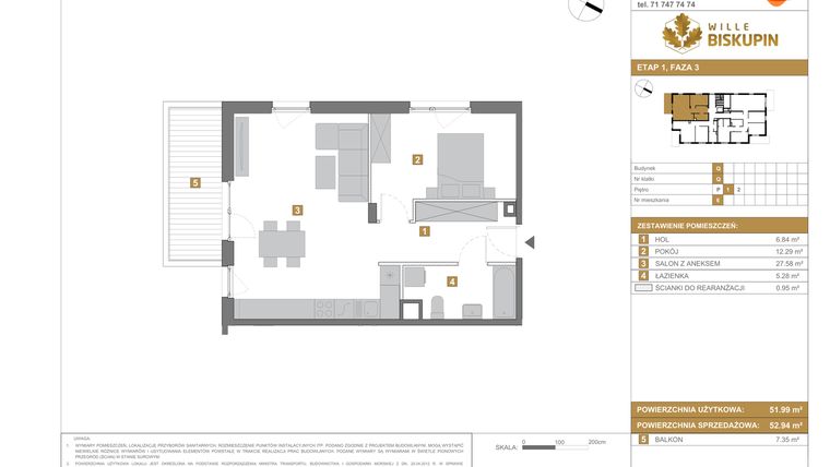 Rzut - Mieszkanie na sprzedaż 2 pokoje o powierzchni 52,94 m² - numer Q6 w Wille Biskupin III