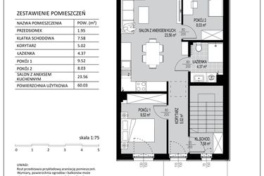 Rzut - Mieszkanie na sprzedaż 3 pokoje o powierzchni 60,03 m² - numer D14 w Kowalove etap 2