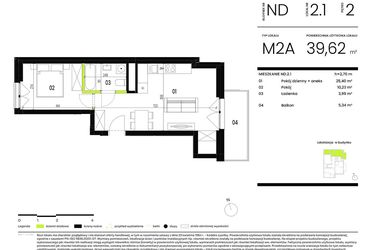 Rzut - Mieszkanie na sprzedaż 2 pokoje o powierzchni 39,62 m² - numer ND.2.1 w Ogrody Staromiejskie